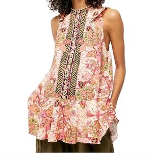 Free People Linen Pink/Cream Floral Print Ruffled Hem Tunic/Mini Dress Size L